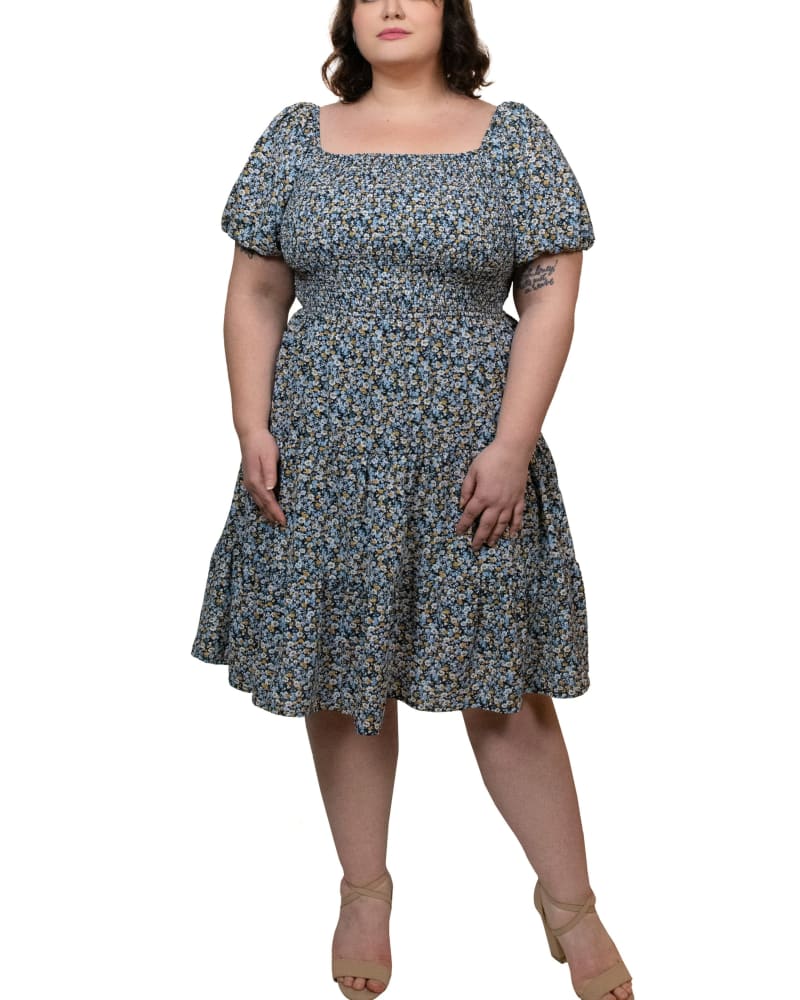 Front of a model wearing a size XL Scarlette Dress Fit Flared Tiered Ditsy Flowers Blue in Blue by ANNICK. | dia_product_style_image_id:294800